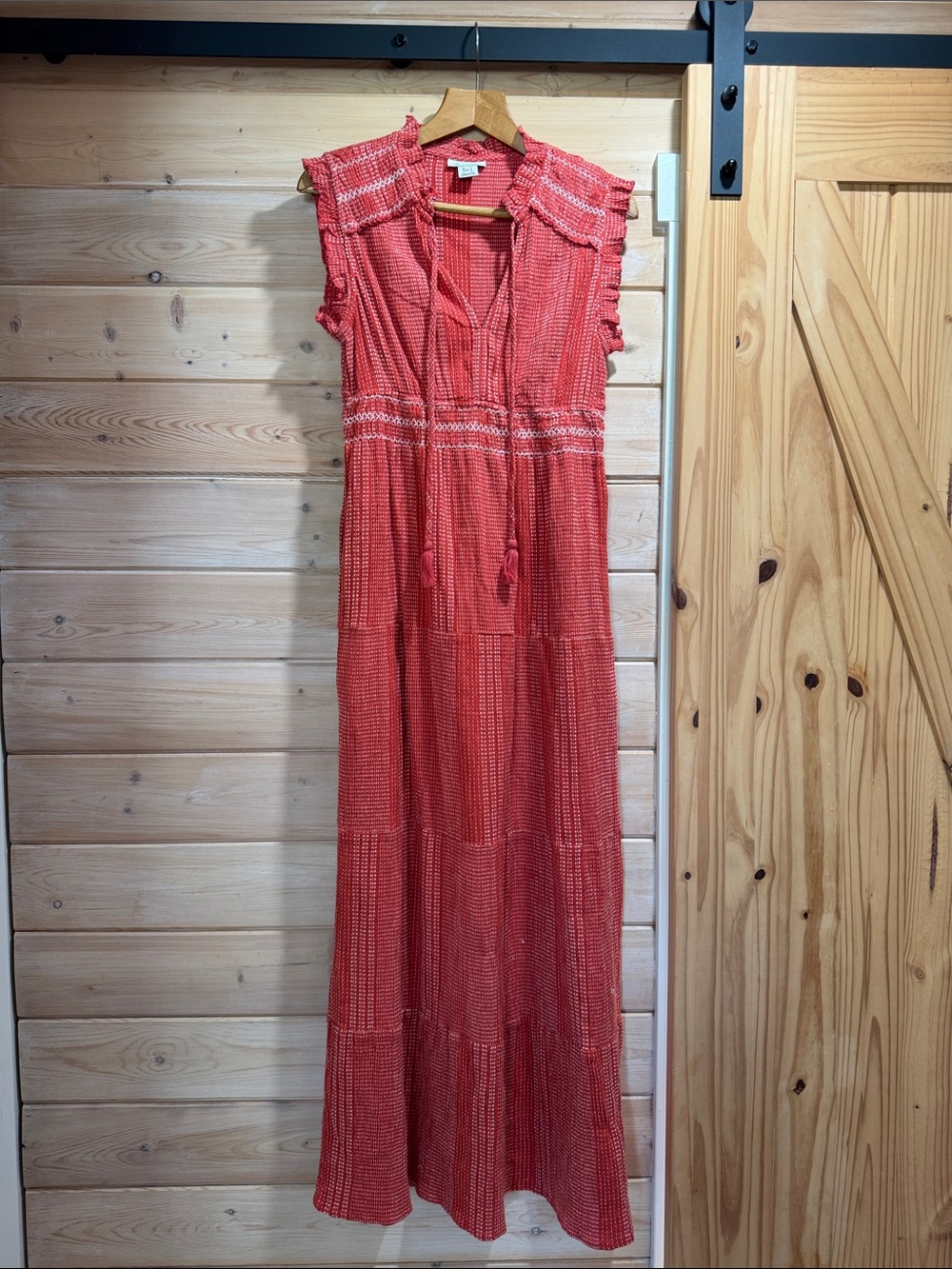 Ariat Chili Red Sleeveless Boho Maxi Dress with Tassel Tie Neck